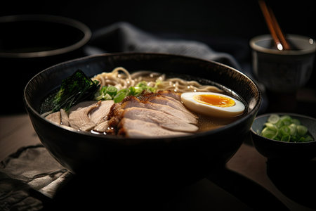 close-up of delicious bowl of tonkotsu ramen with steamy broth, slices of pork, and spring onion, created with generative aiの素材
