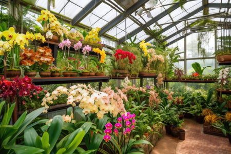 greenhouse filled with colorful orchids and other exotic flowers, created with generative aiの素材