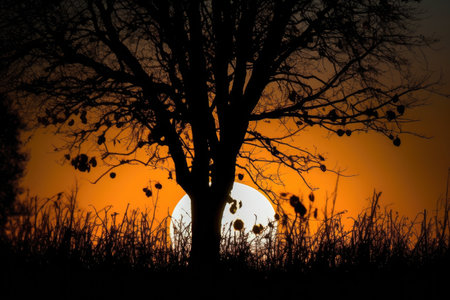 close-up of harvest moon, with silhouetted trees in the background, created with generative aiの素材