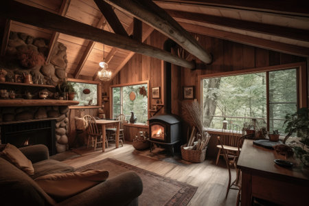 cozy cabin with a warm fire, surrounded by trees and wildlife, created with generative aiの素材