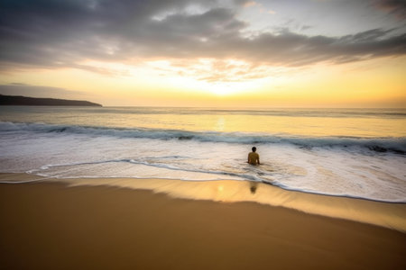 person, enjoying the calm and peaceful atmosphere of golden beach, with waves rolling in, created with generative aiの素材