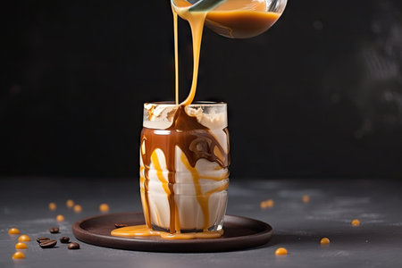 creative iced coffee latte art, with drizzle of chocolate and caramel sauce, created with generative aiの素材
