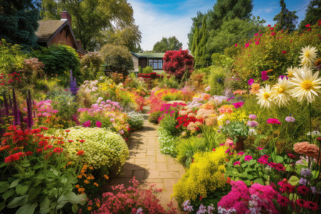 a colorful and vibrant garden, filled with a variety of blooming flowers, created with generative aiの素材