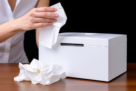 person, grasping tissue box, with nasal spray and tissues nearby, created with generative aiの素材