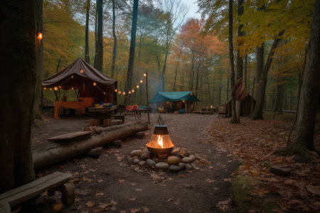 campsite with cozy cabin, lanterns and campfire for the ultimate retreat, created with generative aiの素材