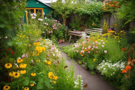 scene of lush green garden, with blooming flowers and buzzing bees, created with generative aiの素材