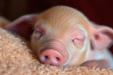 close-up of little piglets face, with its eyes half closed and mouth open in a peaceful slumber, created with generative aiの素材