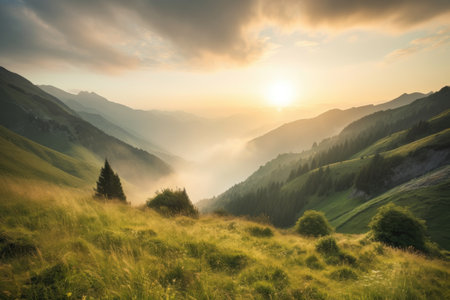 majestic mountain landscape with misty clouds and a sunrise, created with generative aiの素材