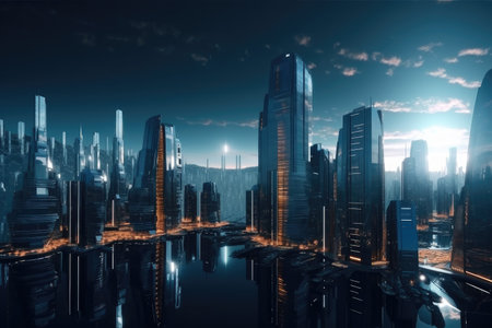 cityscape of futuristic metropolis with sleek architecture and advanced technology, created with generative aiの素材