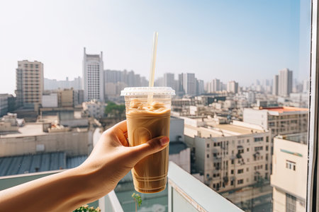 person, enjoying iced coffee latte on sunny balcony, with view of the city skyline, created with generative aiの素材