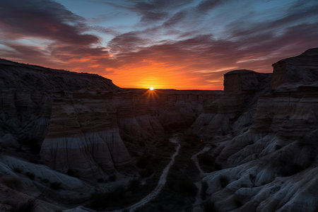 view of fiery canyon sunset, with silhouettes of statuesque rock formations in the foreground, created with generative aiの素材