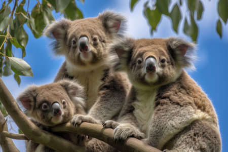 family of koalas, clinging to their mother high in the tree canopy, created with generative aiの素材