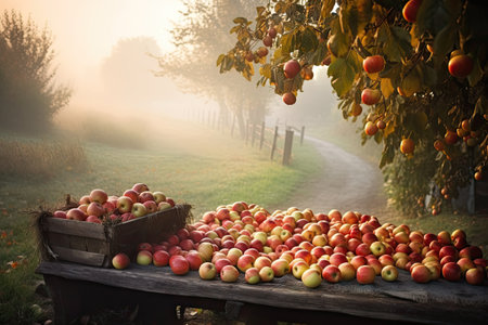 pile of freshly picked apples on misty autumn morning, created with generative aiの素材