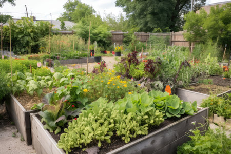 gardening in community garden with diverse selection of plants, created with generative aiの素材