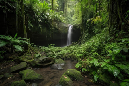 majestic waterfall, surrounded by lush greenery and jungle sounds, created with generative aiの素材