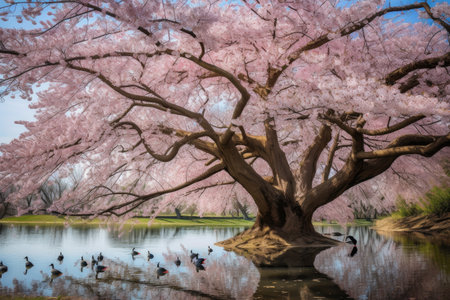 cherry blossom tree in full bloom, with colorful birds and dragonflies flitting about, created with generative aiの素材