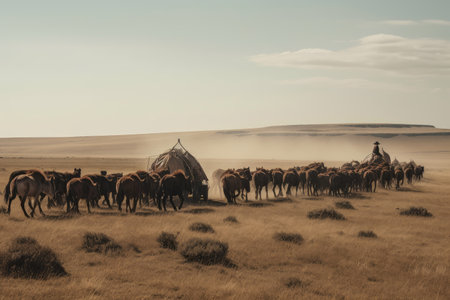 nomadic tribe moving with their herd of animals on open grassland, created with generative aiの素材
