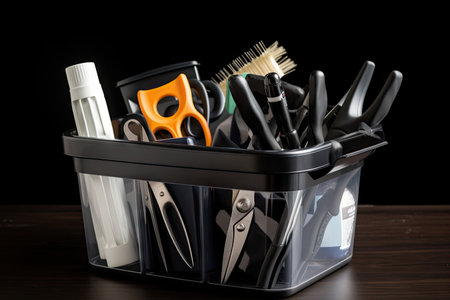 plastic bin filled with different grooming tools, including scissors and clippers, created with generative aiの素材