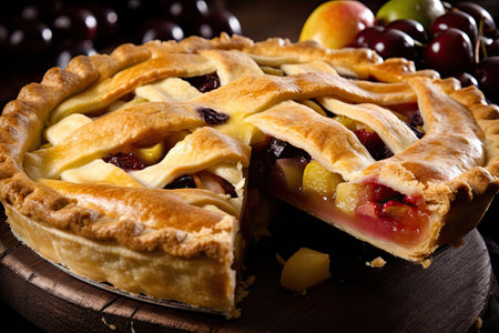 pie, with slices of fruit and flaky pastry visible, created with generative aiの素材