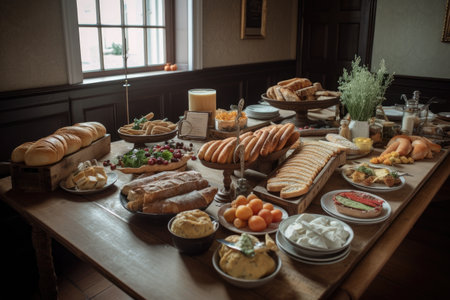 table setting, with variety of breads and accompaniments for guests to choose from, created with generative aiの素材