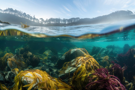 kelp forest with view of distant, colorful reef, created with generative aiの素材