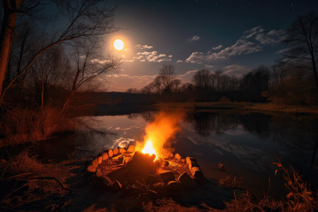 campfire, with marshmallows roasting and the moon shining down on a serene scene, created with generative aiの素材