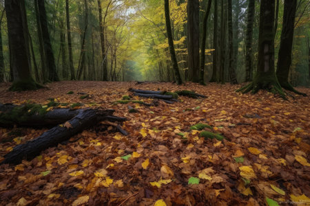 fallen leaves carpeting the ground in a forest setting, created with generative aiの素材