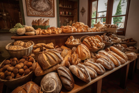 display of variety of artisan breads, each one unique and special in its own way, created with generative aiの素材