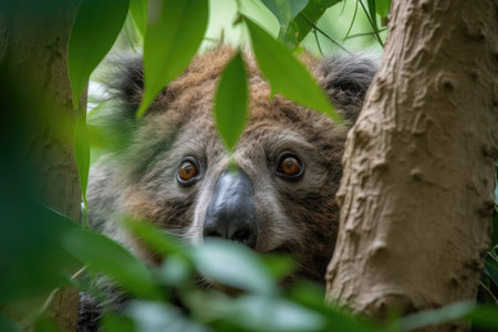 koala playing peek-a-boo behind the leaves of its mothers tree, created with generative aiの素材