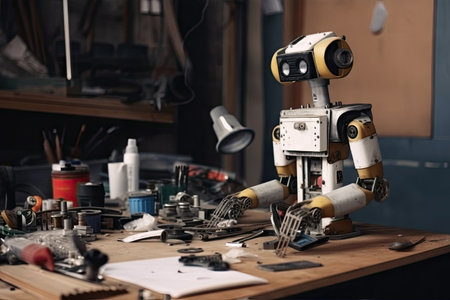 robot with tools and parts for repair, on workbench in workshop, created with generative aiの素材