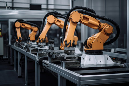 robot, leading line of products through automated assembly line, created with generative aiの素材
