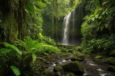 majestic waterfall cascading over lush jungle foliage, created with generative aiの素材