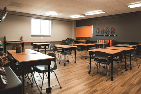 office or classroom with ergonomic furniture, seating, and learning tools for students, created with generative aiの素材