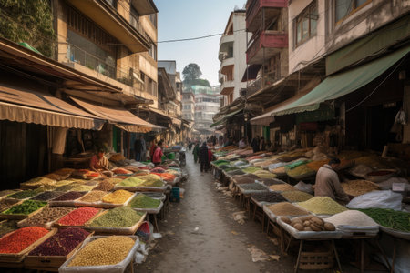 street market filled with fresh produce, spices, and dried herbs, created with generative aiの素材