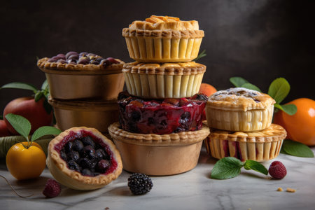stack of individual fruit pies, with each one featuring a different fruit, created with generative aiの素材