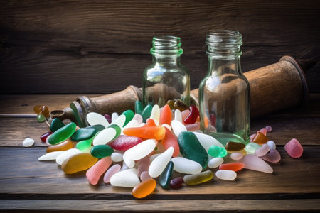 a collection of colorful sea glass and shells on a wooden table, created with generative aiの素材