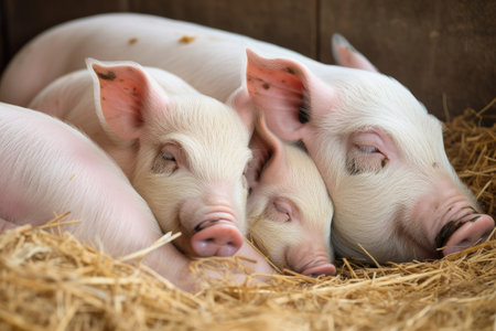 a mother piglet snuggling next to her brood of sleeping siblings, created with generative aiの素材