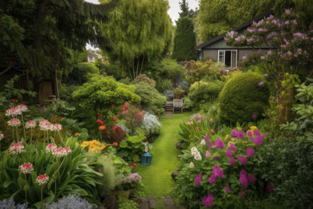 backyard full of lush greenery and blossoming flowers in spring, created with generative aiの素材