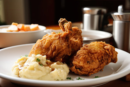 plate of fried chicken, mashed potatoes, and gravy, created with generative aiの素材