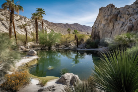 desert oasis surrounded by towering rock formations, with majestic views, created with generative aiの素材