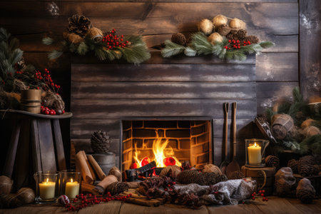 a rustic fireplace with a crackling fire, surrounded by natural elements such as pinecones and berries, created with generative aiの素材