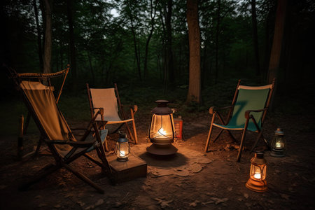 fireside camp setup with chairs and lanterns for a cozy evening, created with generative aiの素材