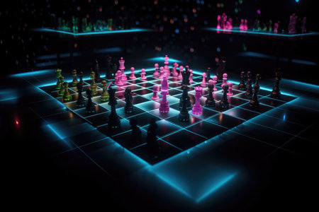 neon chess playing field floating in black space, with stars in the background, created with generative aiの素材