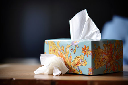 tissue box overflowing with tissues and nasal spray in the background, created with generative aiの素材