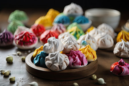 meringue cookies, with variety of delicious and colorful toppings, created with generative aiの素材