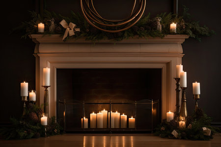 a classic fireplace with a bronze finish, surrounded by scented candles and pine wreaths, created with generative aiの素材
