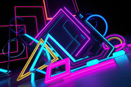 neon frame mockup with geometric patterns and shapes, created with generative aiの素材