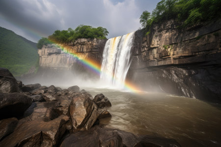 dramatic waterfall with rainbow, symbol of peace and hope, created with generative aiの素材
