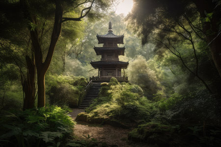 peaceful scene of a pagoda surrounded by lush greenery, with sunlight filtering through the trees, created with generative aiの素材