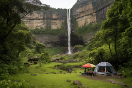 campsite with view of towering waterfall, surrounded by greenery, created with generative aiの素材